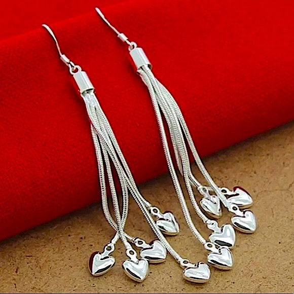 Heart Sterling Silver Tassel Charm Necklace Matching Bracelet Earrings Set - Picture 8 of 9
